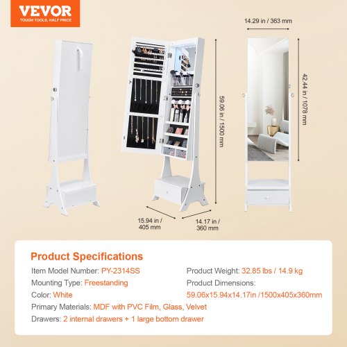 Mirror Jewelry Cabinet Standing Mirror with Storage Lockable Jewelry