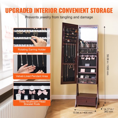 Mirror Jewelry Cabinet Standing Mirror with Storage Lockable Jewelry