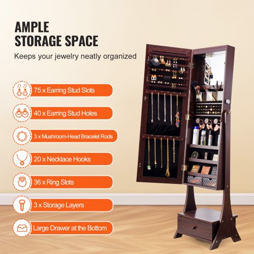 Mirror Jewelry Cabinet Standing Mirror with Storage Lockable Jewelry