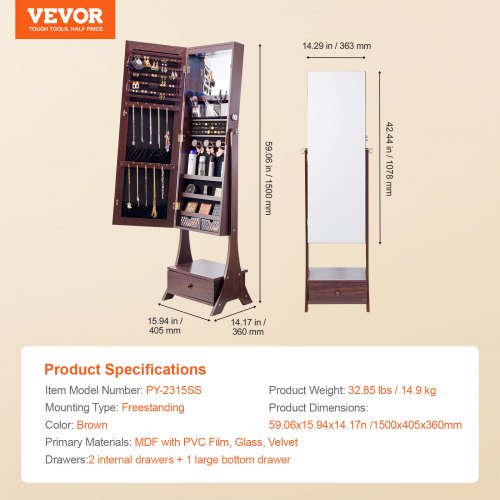 Mirror Jewelry Cabinet Standing Mirror with Storage Lockable Jewelry