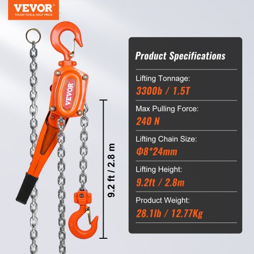 Manual Lever Chain Hoist 112 Ton 3300 lbs Capacity 10 FT Come Along G80