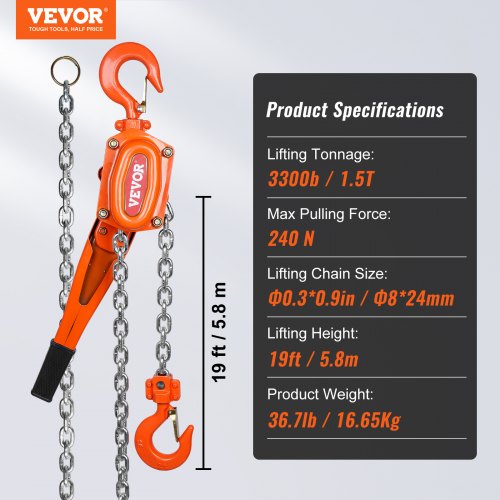 Manual Lever Chain Hoist 112 Ton 3300 lbs Capacity 20 FT Come Along G80