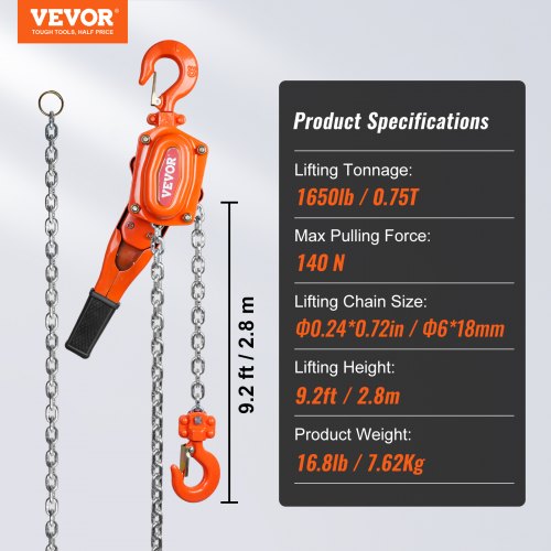Manual Lever Chain Hoist 34 Ton 1650 lbs Capacity 10 FT Come Along G80