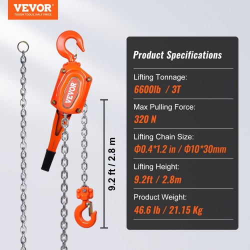 Manual Lever Chain Hoist 3 Ton 6600 lbs Capacity 10 FT Come Along G80