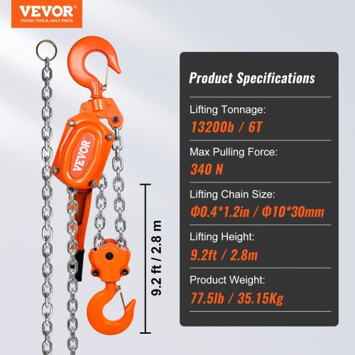 Manual Lever Chain Hoist 6 Ton 13200 lbs Capacity 10 FT Come Along G80
