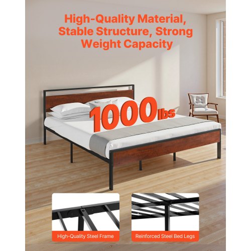 King Size Bed Frame 14 Inch Black Metal Platform Bed Frame with Retro Brown