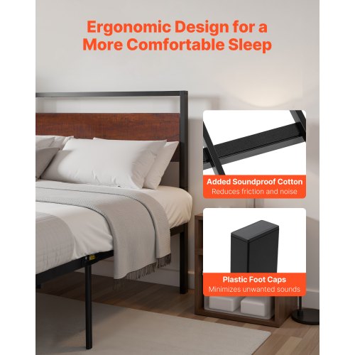 King Size Bed Frame 14 Inch Black Metal Platform Bed Frame with Retro Brown