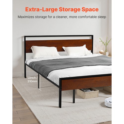 King Size Bed Frame 14 Inch Black Metal Platform Bed Frame with Retro Brown