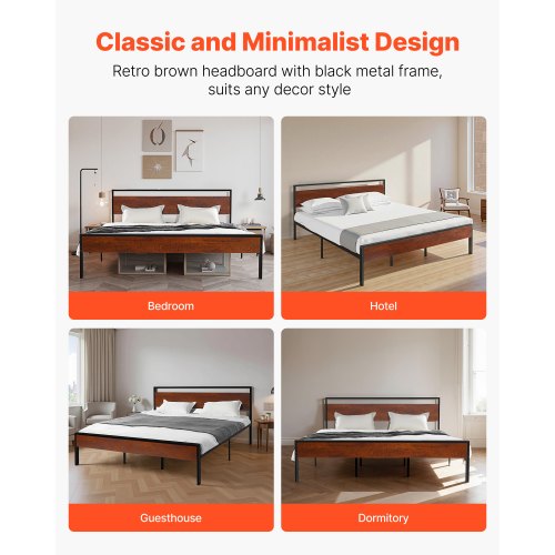 King Size Bed Frame 14 Inch Black Metal Platform Bed Frame with Retro Brown