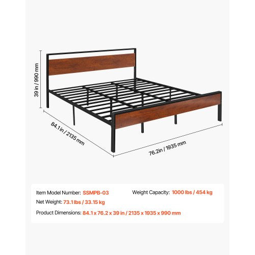 King Size Bed Frame 14 Inch Black Metal Platform Bed Frame with Retro Brown