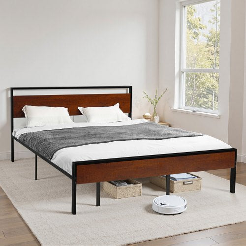 King Size Bed Frame 14 Inch Black Metal Platform Bed Frame with Retro Brown