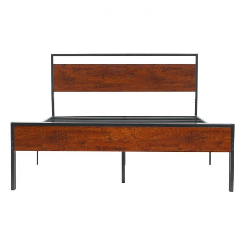 King Size Bed Frame 14 Inch Black Metal Platform Bed Frame with Retro Brown