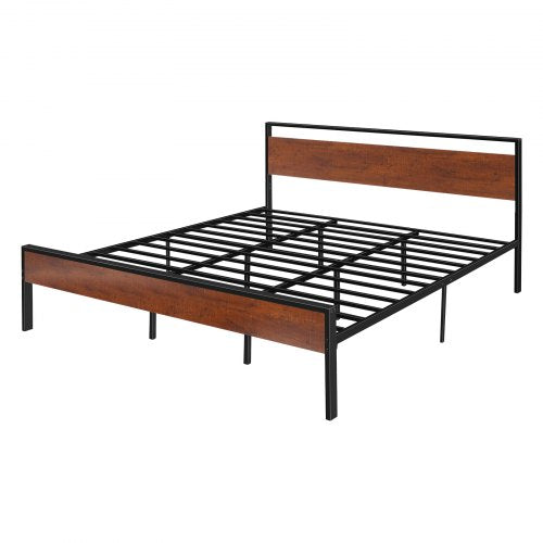 King Size Bed Frame 14 Inch Black Metal Platform Bed Frame with Retro Brown