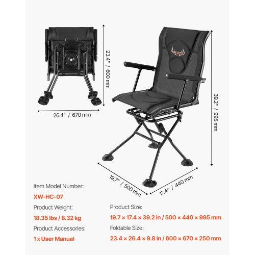 Hunting Chair 360° Silent Swivel Foldable Portable Blind Chair HeavyDuty