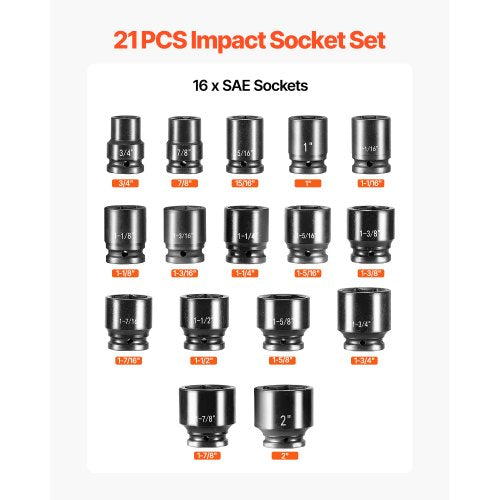 34 in Drive Impact Socket Set 21 Pieces SAE 34 in to 2 in 6 Point CrV