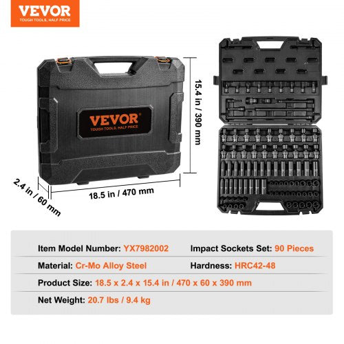 38 Drive Impact Socket Set SAE 1434 and Metric 619mm 90 Piece