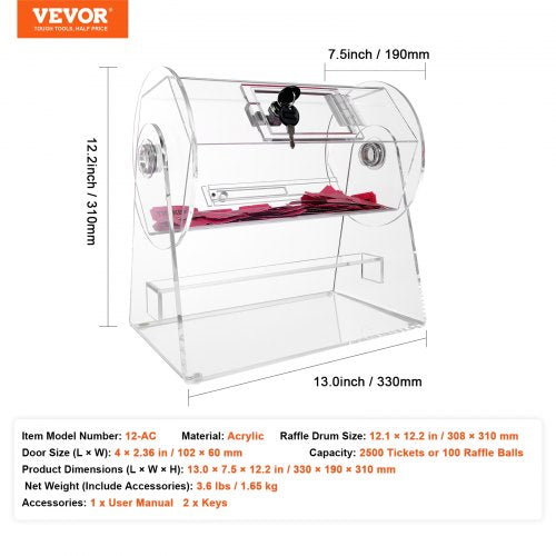 Acrylic Raffle Drum Professional Raffle Ticket Spinning Cage with 2 Keys