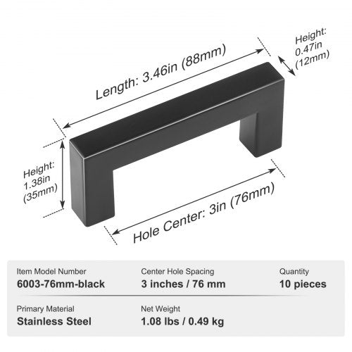 10 Pack Cabinet Pulls 3in 76mm Center to Center Slim Square Kitchen