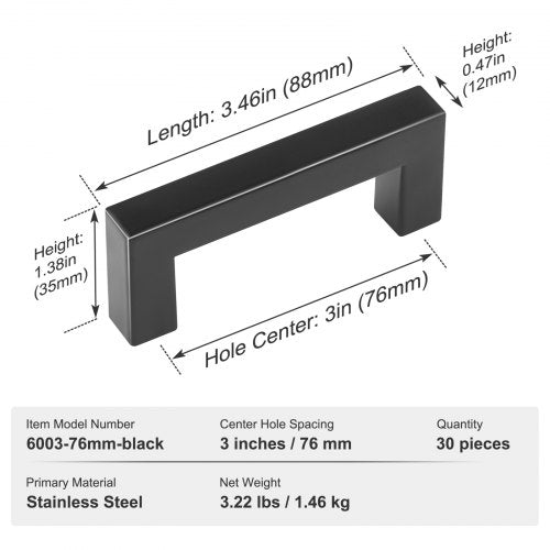 30 Pack Cabinet Pulls 3in 76mm Center to Center Slim Square Kitchen