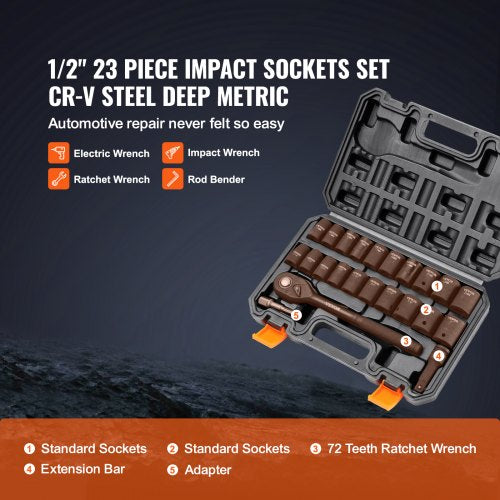 KFFKFF Impact Socket Set with 12 Drive Comprising 23 Pieces in SAE 716