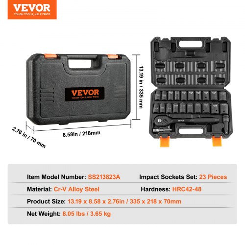 KFFKFF Impact Socket Set with 12 Drive Comprising 23 Pieces in SAE 716