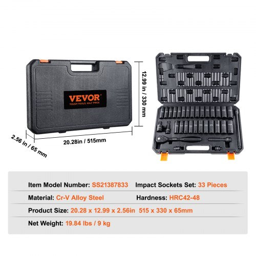 1/2" Drive Impact Socket Set 33 Piece Socket Set SAE 3/8"-1" and Metric