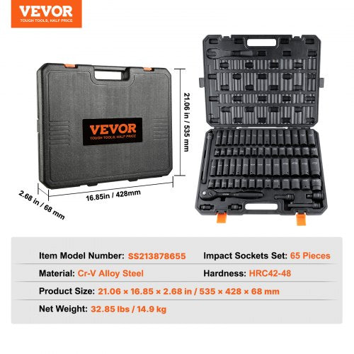 1/2" Drive Impact Socket Set 65 Piece Socket Set SAE 3/8" - 1 and Metric 10-24mm