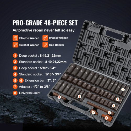 38 Drive Impact Socket Set 48 Piece Socket Set SAE 516 34 Metric