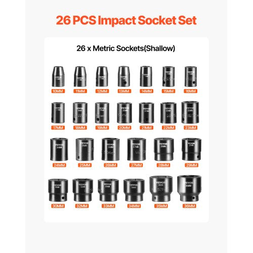 Impact Socket Set 12 Inches 26 Piece Impact Sockets Shallow Socket