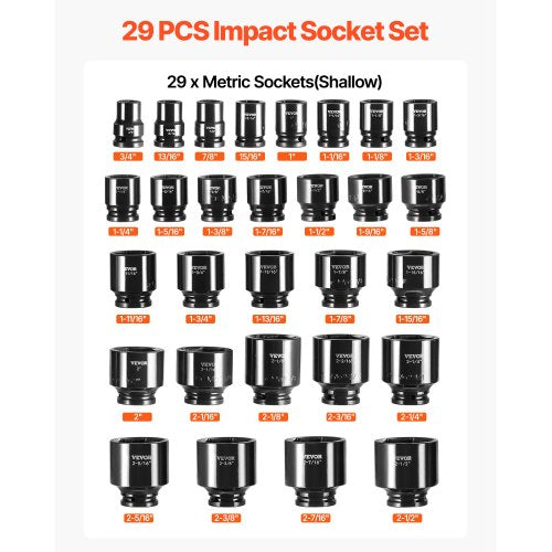 Impact Socket Set 34 Inches 29 Piece Impact Sockets 6Point Sockets