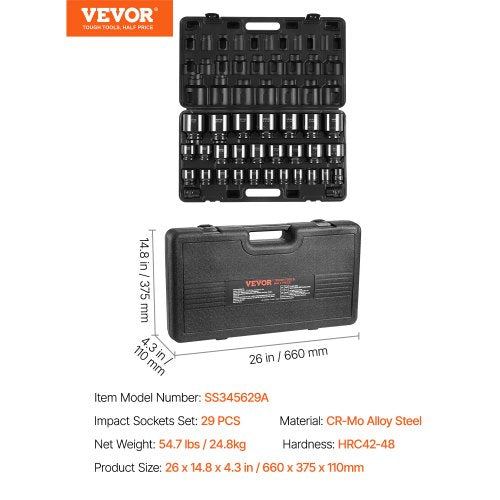 Impact Socket Set 34 Inches 29 Piece Impact Sockets 6Point Sockets