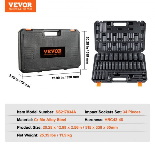 1/2" Drive Deep Impact Socket Set 34pcs Socket Set Metric 8-36mm 6 Point