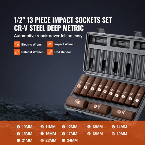 12 Drive Impact Socket Set 13 Piece Deep Socket Set Metric 1024mm 6