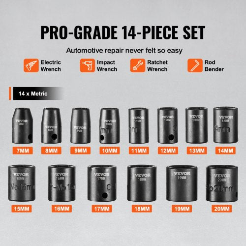 38 Drive Impact Socket Set 14 Piece Shallow Socket Set Metric 720mm 6