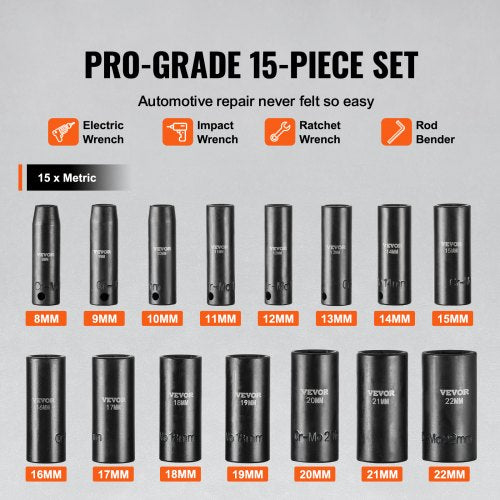 38 Drive Impact Socket Set 15 Piece Deep Socket Set Metric 822mm 6
