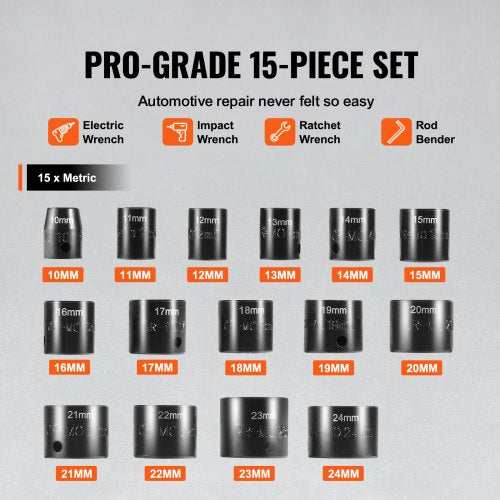 Impact Sockets Set 15pcs 6Point 38 Drive Bit Ratchet Tool Kit Case