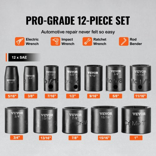 38 Drive Impact Socket Set 12 Piece Shallow Socket Set SAE 5161 6