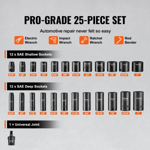 38 Drive Impact Socket Set 25 Piece Deep Shallow Socket Set SAE 516 –