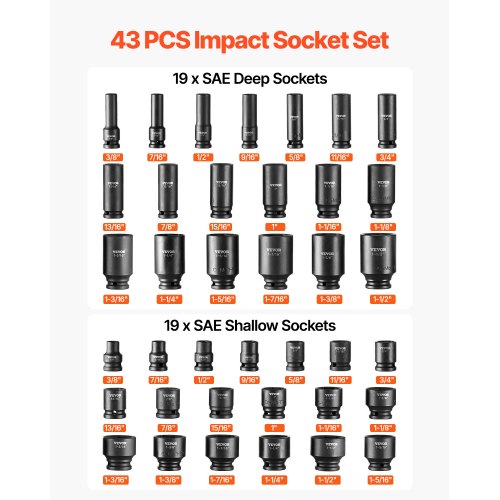 1/2" Drive Impact Socket Set 43 Piece Deep Shallow Socket Set SAE 3/8" - 1-1/2"