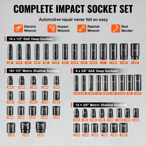 38 12 Drive Impact Socket Set 59PCS Socket Set SAE 516 to 114