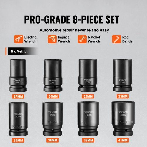 1" Drive Impact Socket Set 8 Piece Deep Socket Set Metric 27-41mm 6 Point