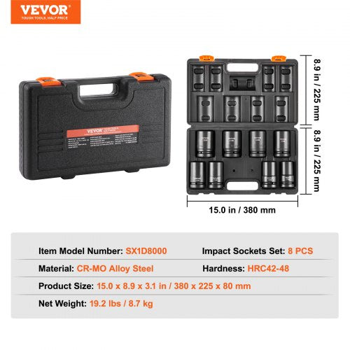 1" Drive Impact Socket Set 8 Piece Deep Socket Set Metric 27-41mm 6 Point