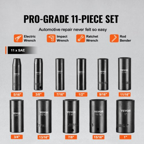 38 Drive Impact Socket Set 11 Piece Deep Socket Set SAE 5161 6 Point
