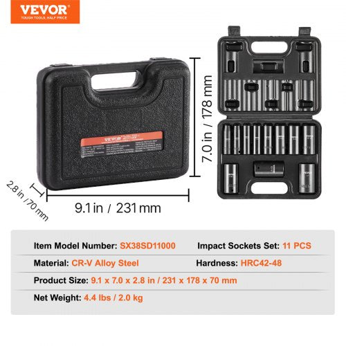 38 Drive Impact Socket Set 11 Piece Deep Socket Set SAE 5161 6 Point