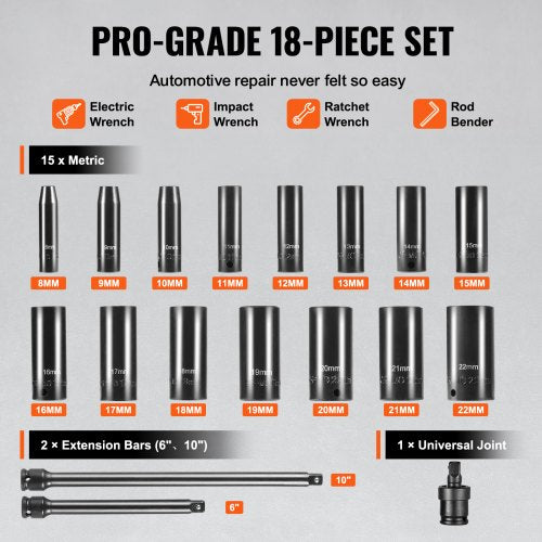 Impact Sockets Set 18pcs 6Point 38 Drive Bit Ratchet Tool Kit Case