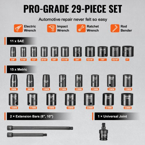 38 Drive Impact Socket Set 29 Piece Shallow Socket Set SAE 381 and Metric 822mm