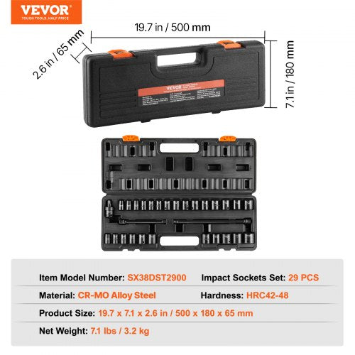 38 Drive Impact Socket Set 29 Piece Shallow Socket Set SAE 381 and Metric 822mm