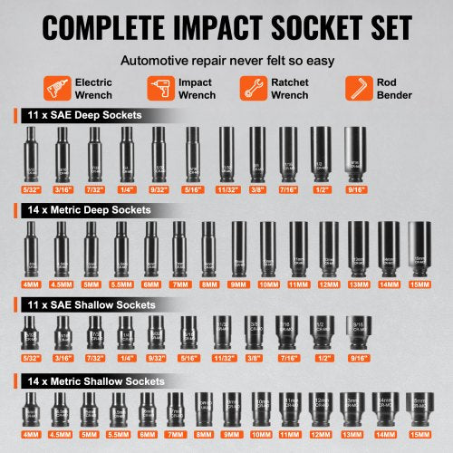 Drive Impact Socket Set 14 – 55 Piece Deep Shallow Socket Set SAE