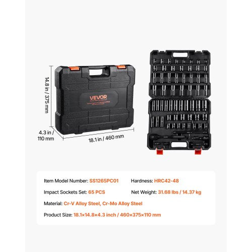 Drive Impact Socket Set 12 – 65PCS Deep Standard Socket Set SAE 38 to 114