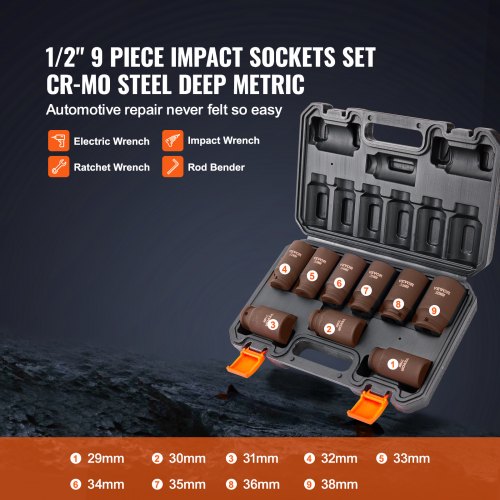 1/2" Drive Impact Socket Set 9 Piece Deep Socket Set Metric 29-38mm